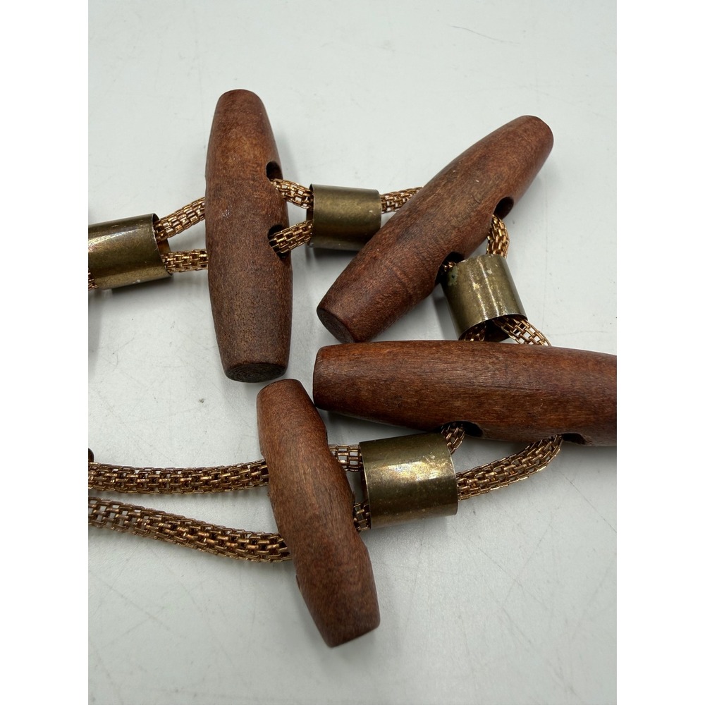 Boho Wooden Toggle Statement Necklace Gold Tone Mesh Chain Brown Brass Accents - Picture 3 of 3